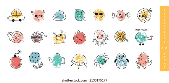 Vector Set de Ideas de Arte de Huellas Digitales para Niños. Dibujo De Pinturas Infantiles Coloridas.