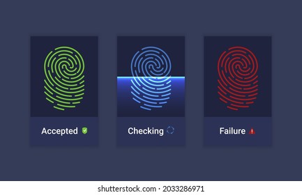 Vector set of fingerprint identification authorization system icons. Sci-fi technologies of the future. Biometric authorization and business security concept.