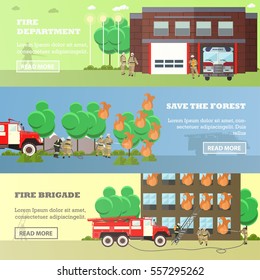 Vector set of Fire department, Save the forest, Fire brigade horizontal banners. Fire fighting concept design elements in flat style.