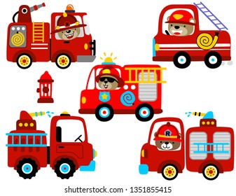 Vector Set Of Fire Engine Cartoon With Funny Driver