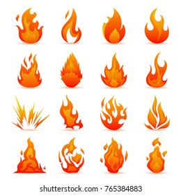 Vector set of fire and flame icons. Colorful Flames in the Flat Style. Simple, Icons Bonfire
