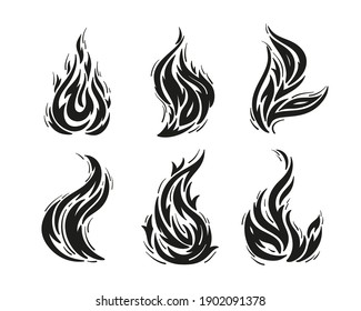 Vector Set of Fire Flame Silhouettes. Black and White Fire Flames Tattoo Icons Drawing