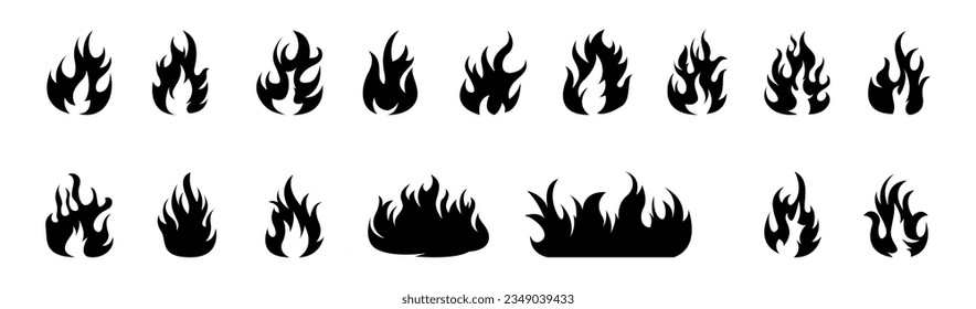 Conjunto vectorial de llamas de fuego silueta detallada aislada en fondo blanco. Ilustración vectorial