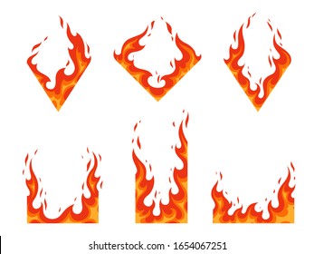 Vector set of fire frames. Burn hot, power heat, energy flammable illustration. Flame in the shape of a diamond and a rectangle for different design