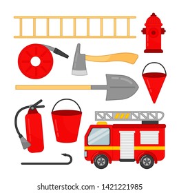 Vector set of fire icons. Cartoon illustrations of a fire engine and equipment for extinguishing a fire.
