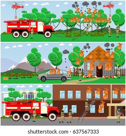 Vector set of fire posters, banners. Firefighters extinguishing fire in the forest, in city two-storied house and in cottage house. Flat style design elements.