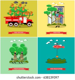 Vector set of fire posters. Fire engine, Rescuer, Firefighters and Fire helicopter flat style design elements.
