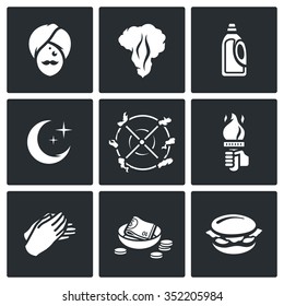 Vector Set Of Fire Show Icons. Fakir, Flame, Fuel, Night, Trick, Torch, Applause, Donation, Food. Yogi, Fire, Canister, Crescent, Rotation Fire, Hands, Money, Sandwich