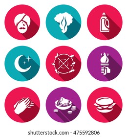 Vector Set of Fire Show Icons. Fakir, Flame, Fuel, Night, Trick, Torch, Applause, Donation, Food.