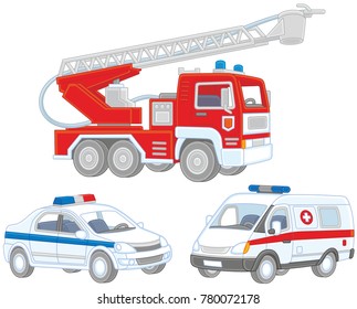 Vector Set Of A Fire Truck, An Ambulance Car And A Police Car