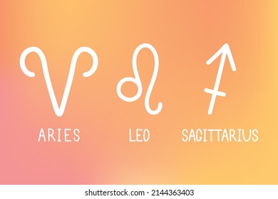 Vector set of fire zodiac signs. Symbols 3 signs with inscriptions. Aries, Leo and Sagittarius. Vector images of zodiac signs for astrology and horoscopes.