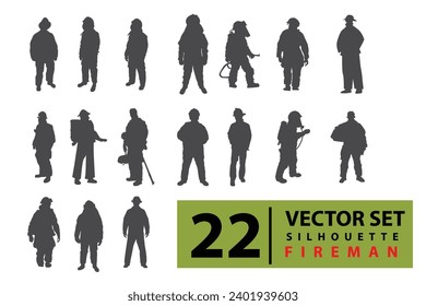 vector set of firefighter silhouettes, people holding fire extinguishers, human rescuers. standing and stylish isolated with background