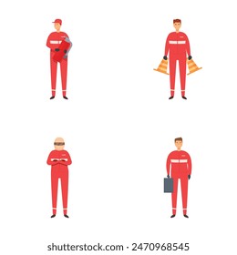Vector set of firefighter in uniform with equipment in different standing poses for safety visuals