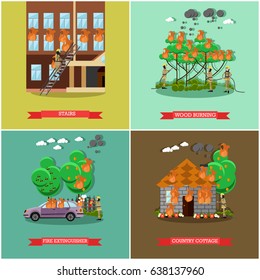 Vector set of fireman posters. Stairs, Wood burning, Fire extinguisher and Country cottage flat style design elements.