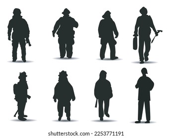 vector set of fireman sillhouette with diferent style isolated on white background