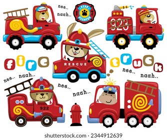 Vector set of firetruck cartoon with funny animals fireman