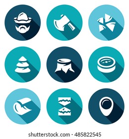 Vector Set of Firewood in the forest Icons. Woodcutter, Tool, Stack, Timber, Stump, Direction, Cutting, Felling, Plot.