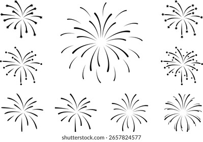 Conjunto vetorial de explosões de fogos de artifício em estilo de arte de linha mínimo.