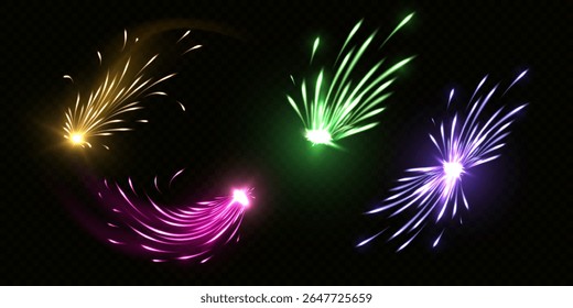 Conjunto vetorial de fogos de artifício com cores neon brilhantes: amarelo, roxo, rosa e verde. Realista explosão cintilante de foguetes. Show festivo. Fundo preto isolado transparente.