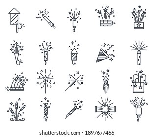 Vector set of fireworks or isolated salute for holiday. Rocket splash for new year celebrating or christmas celebrate. Night festival or carnival, xmas eve. Vintage explosion for birthday, burst