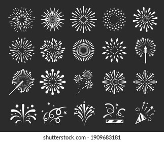 Vector set of fireworks or isolated salute for holiday. Rocke splash for new year celebrating or christmas celebrate. Night festive or carnival, xmas eve. Vintage explosion for birthday, burst