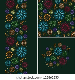 Vector set of fireworks seamless pattern and borders backgrounds