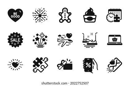 Vector set of Fireworks stars, Puzzle and Puzzle time icons simple set. Online shopping, Fireworks explosion and Heart icons. Bumper cars, Honeymoon travel and Love letter signs. Vector