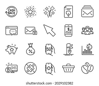 Vector set of Fireworks, Thumb down and Secure mail line icons set. Health app, No puzzle and Seo message icons. Twinkle star, Mouse cursor and Loan signs. Fireworks web symbol. Vector
