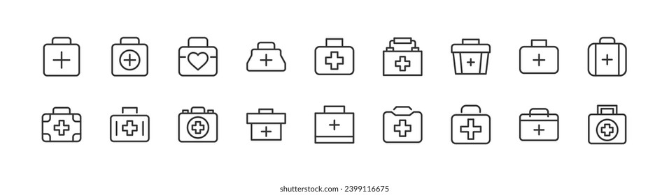 Conjunto de vectores de iconos de línea delgada del kit de primeros auxilios. Diseño de pictogramas de infarto cerebral. Signos del calendario aislados en un fondo blanco