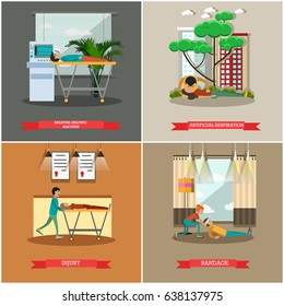 Vector set of first aid posters. Breathe-helping machine, Artificial respiration, Injury, Bandage flat style design elements.