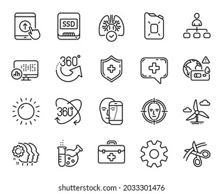Vector set of First aid, Ssd and Lungs line icons set. Full rotation, Management and Chemistry lab icons. Medical chat, Service and Scissors signs. First aid web symbol. Vector