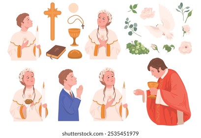 Vector set of First Communion clip art. Boy and girl praying, priest conducting Eucharist. Grail, church bread, Bible, rosary, white dove, crucifix, flowers, decorated altar. Symbols of Christianity.