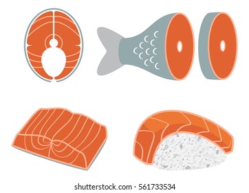 Vector Set of fish cuts and one peace of sushi