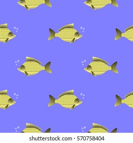 Vector Set of Fish Isolated on Blue Water Background. Carp Seamless Pattern