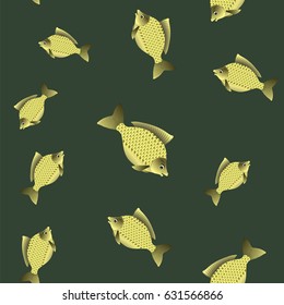 Vector Set of Fish Isolated on Green Background. Carp Seamless Pattern