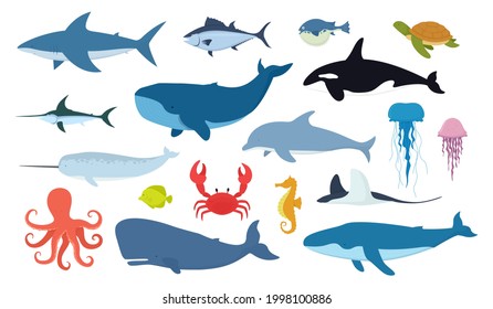 Vector set of fish and ocean animals. Shark, dolphin, narwhal, blue whale, octopus, sperm whale, swordfish, killer whale, jellyfish, turtle isolated on white background.