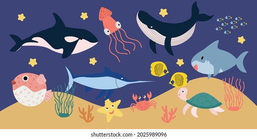 Vector set of fish: octopus, hedgehog fish, sawfish, exotic fish, killer whale, whale, crab, shark.  Marine life and animals swim in the ocean on a blue background.  Vector sea underwater illustration
