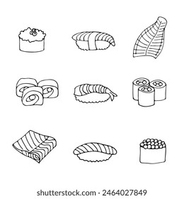 Vector set of fish products and sushi in cartoon style on a white background. Outline drawing of fish and pieces of fish.