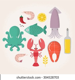 Vector set of fish and seafood icon.