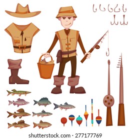 Vector set with fisherman and fishing rods, fishes, hooks and etc.