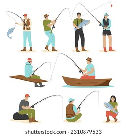 Vector set of fishermen catching fish. Illustration for websites, landing pages, mobile apps, posters and banners. Trendy flat vector illustration