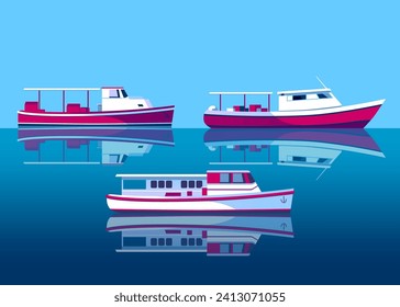 Vector set of fishing boats. Handmade drawing vector illustration.