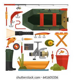 Vector set of fishing equipment icons isolated on white background. Flat style design elements.