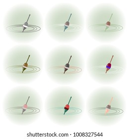 Vector set of fishing  float. Colorful drawing on gray round background. Can be used in postcards, posters, textiles, logo for fishing club.