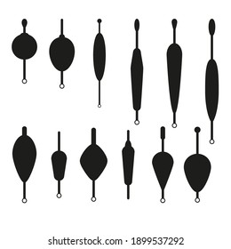 Vector set of fishing floats. Black silhouettes bobber icons isolated on white background.