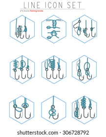 Vector Set Of Fishing Hooks Icons With Different Knots. Fisherman Symbols. Illustration In Line Style.