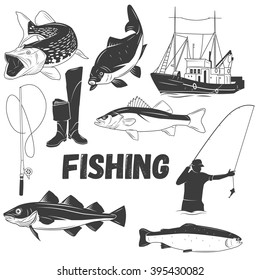 Vector set of fishing labels in vintage style. Design elements, emblems, icons, logo and badges. Fish, boat, fishing rod.