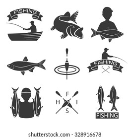 Vector set of fishing logo, emblem, label, icon and badges with fish. Fishing, boat, hook, ship. Isolated silhouette.
