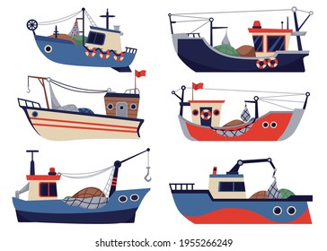 Vector set of fishing ships, boats and vessels for fishery at sea or ocean.