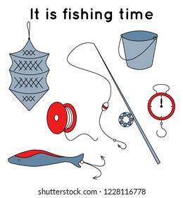 Vector set of fishing supplies in red and blue colors